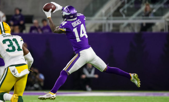 New Buffalo Bills wide receiver Stefon Diggs, who was traded from the Minnesota Vikings, catching a ball against the Green Bay Packers