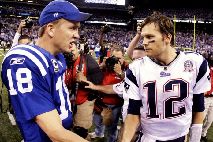 Peyton Manning and Tom Brady shake hands after the 2006 AFC Championship during the Brady vs Manning saga