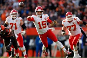 Patrick Mahomes throwing on the run for the Kansas City Chiefs