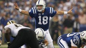 Peyton Manning of the Indianapolis Colts calling an audible at the line of scrimmage