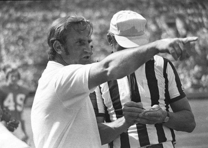 Don Shula talking to a referee while coaching for the Miami Dolphins