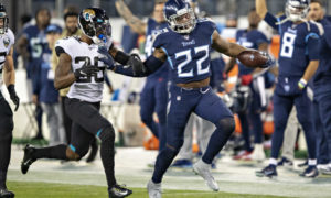 Derrick Henry of the Tennessee Titans running down the field in the NFL against the Jacksonville Jaguars